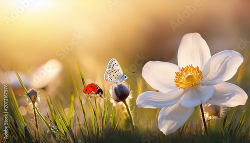 Dreamy White Spring Anemone Flower Bloom Grass Ladybug Butterfly Close Up Against Sunlight Panorama Spring Floral Image Pastel Golden Toned Macro With Soft Focus Nature Greeting Card Background