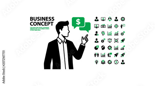 Business concept illustration with a man pointing at green speech bubbles showing dollar.