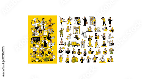 People illustration set featuring diverse professions and daily activities in flat style.
