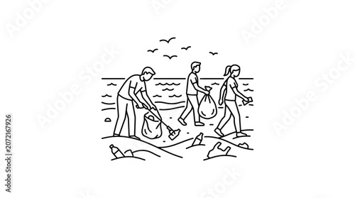 Three volunteers cleaning up trash on a beach in a line art illustration.