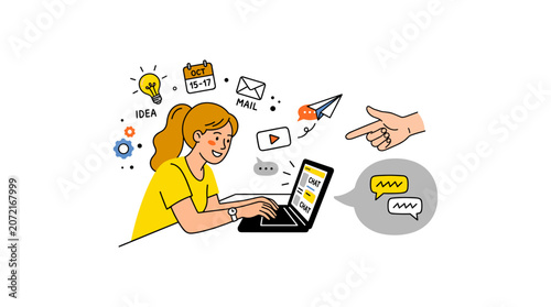 Girl working on laptop with digital communication icons and flying paper plane flying by.