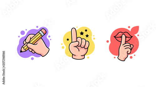 Collection of human hand illustrations including writing finger up and silence gesture.