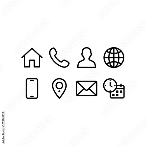 Linear icon set for business contact information representing communication and location.