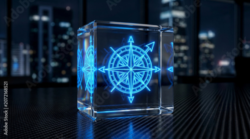Glowing neon compass symbol encased in a transparent glass cube on a carbon fiber surface