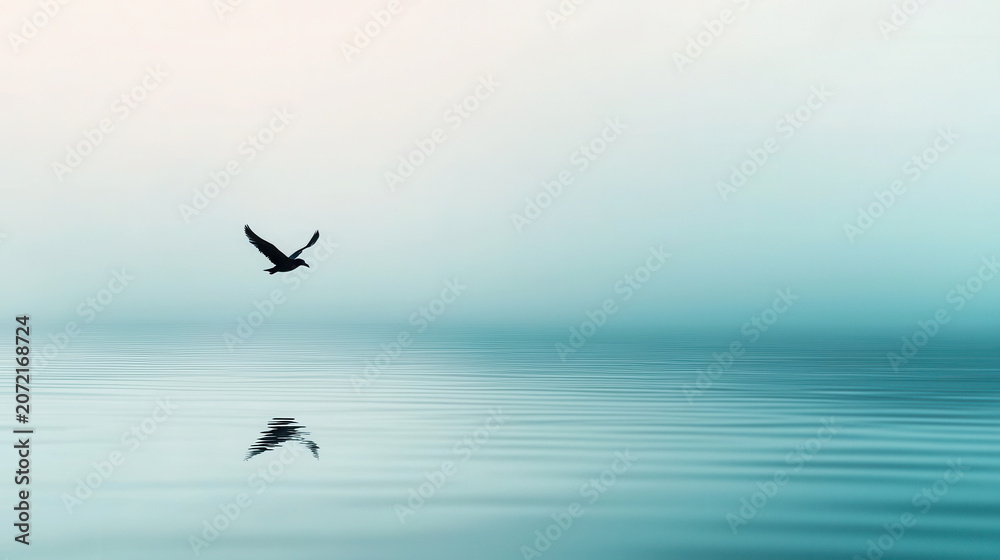 Fototapeta premium Serene bird flying over calm water reflects its silhouette in tranquil surface, creating dreamlike atmosphere