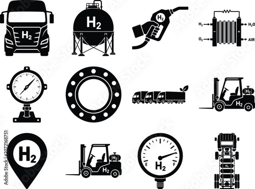 Hydrogen energy technology depictions including trucks tanks and gauges in a monochromatic style fuel alternative clean renewable truck tank storage