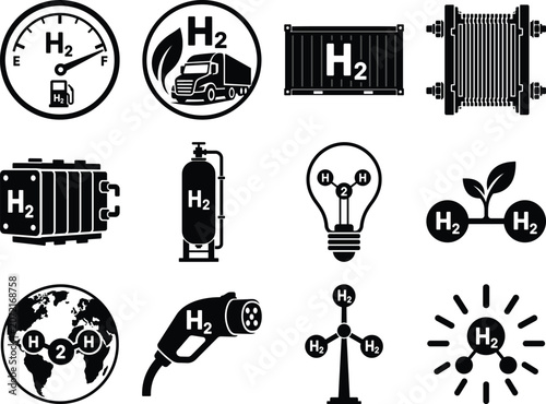 Hydrogen Energy Technology Representations Fuel Gauges Trucks Storage And Plant Life Depicted In Dark Tones alternative clean renewable power industrial