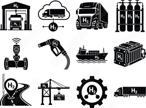 Hydrogen energy infrastructure depictions including fueling stations trucks ships and storage tanks fuel alternative clean renewable cell tank station truck