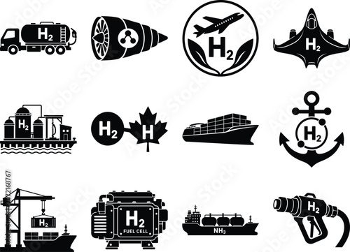 Hydrogen powered vehicles and energy technology depictions in a monochromatic style clean alternative fuel renewable resources industry cell power solutions