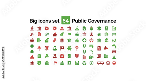 Big icons set 64 public governance with various symbols and representations.