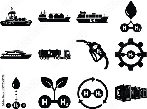 Collection of ships fuel nozzles and hydrogen molecules in a monochromatic style vessels tankers boats energy clean alternative fueling nozzle