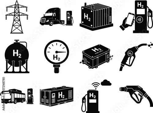 Hydrogen Energy Technology Depiction Power Transmission Tower Fuel Cell Electrolyzer And Storage Vessels tank cylinder grid electricity renewable clean alternative