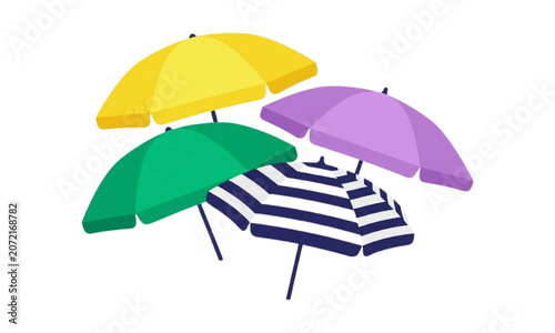 Canvas Print Set of colorful beach umbrellas including yellow, green, purple, and striped pat