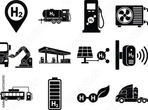 Collection of hydrogen energy technology depictions including fuel cells stations and storage in a monochromatic style clean cell station tank