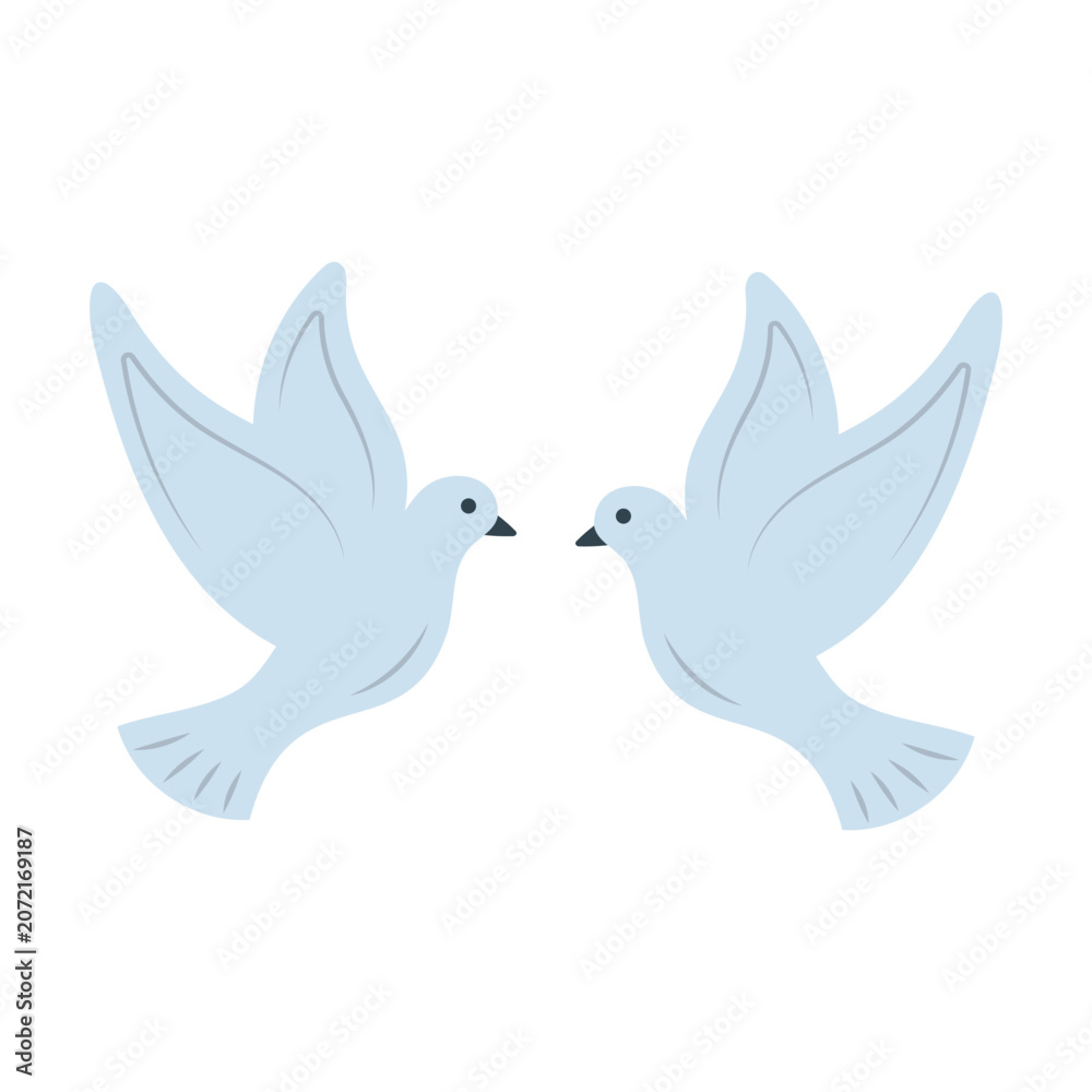 Fototapeta premium Two White Doves Facing Each Other, Wedding Bird Pair Flat Clipart