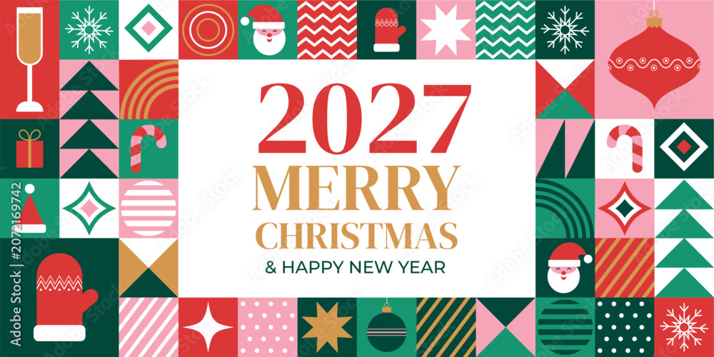 Fototapeta premium 2027 Merry Christmas and Happy New Year Greeting Card Banner with Geometric Festive Ornaments, Santa, Snowflakes, Candy Cane, Christmas Tree and Holiday Decoration in Modern Flat Vector Style