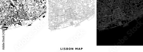 Lisbon city map, portugal, urban street plan, vector illustration of city layout, black and white design, cartography, travel poster