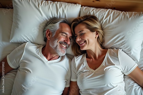 Joyful Mature Couple Relaxing in Bed: A High Angle View of Home Comforts