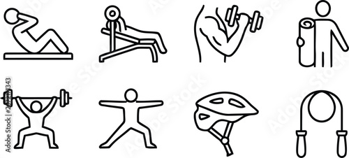 Cuadro en lienzo Black line icons of various fitness and exercise activities