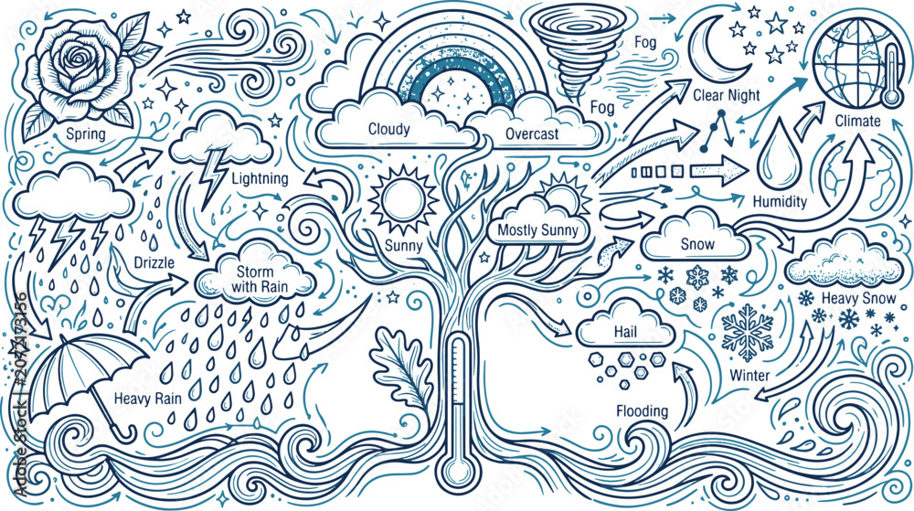 Naklejka premium Detailed weather infographic sketch with meteorological symbols meteorology lightning environment temperature forecast atmosphere illustration thermometer snowflake umbrella background