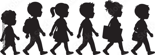 Canvastavla Silhouette of five children walking in a row, carrying school bags, flat style a