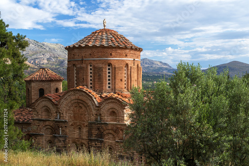 Byzantine church of Panagia Krina in a scenic mountain landscape, Chios island, Greece
