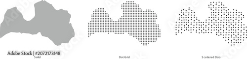 Fotografie Latvia map silhouette in three styles solid, dot grid, and scattered dots