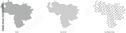 Venezuela map in three different styles solid silhouette, dot grid pattern, and scattered dots
