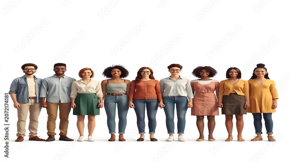 Obraz premium Diverse group of people standing in a row, multicultural community of young adults, smiling men and women in casual clothing isolated on white background