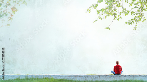 Contemplative person sitting alone on wall, surrounded by greenery and serene atmosphere, reflecting on life