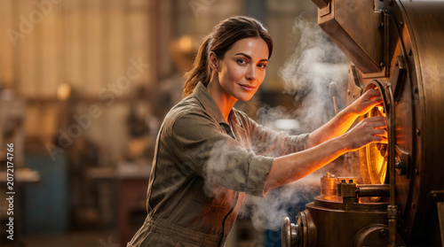 Woman in workshop, focused, handling steamy industrial machine. Warm light highlights her determined expression. Background shows blurred, gritty industrial environment