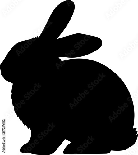 Minimalist Black Silhouette of a Cute Fluffy Rabbit Sitting Still Isolated on White Background