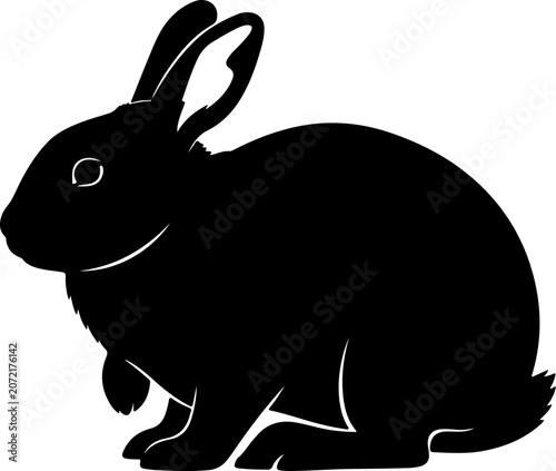 Minimalist Black Silhouette Illustration of a Sitting Rabbit Isolated on a Pure White Background