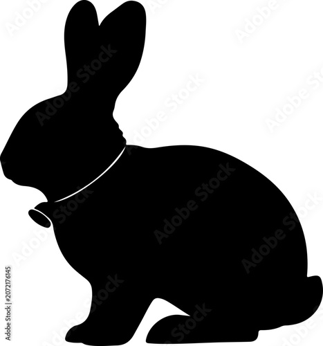 Black rabbit silhouette with collar and bell isolated on white background