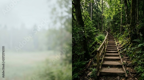 Wooden staircase ascending through a lush green forest with blur