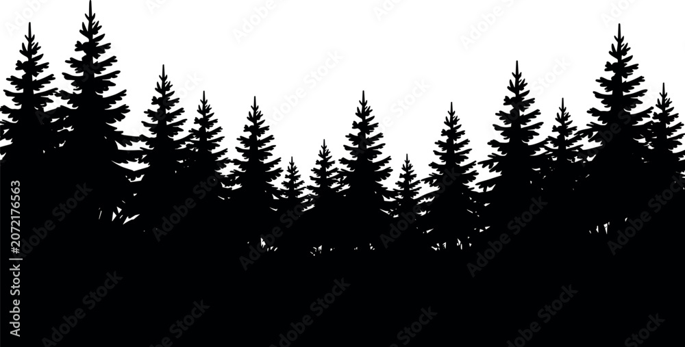 Fototapeta premium Minimalist black silhouette of a dense pine forest standing still against a white backdrop for a peaceful serene mood.