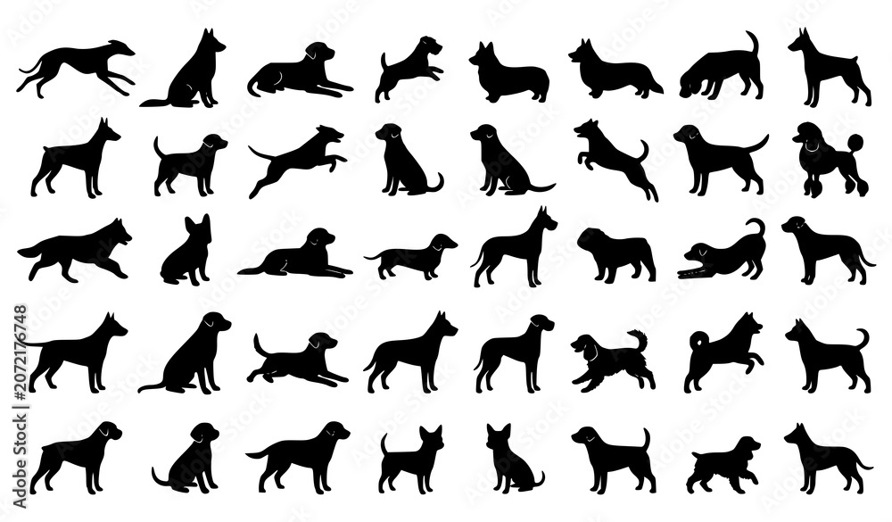 Fototapeta premium Large Black Dog Silhouette Collection with Running Sitting and Lying Canine Vector Poses