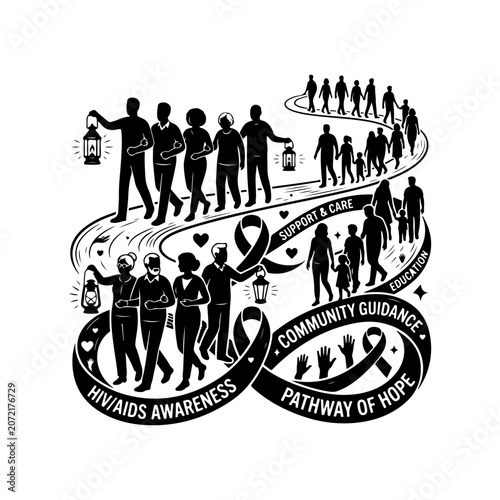 HIV awareness, community support, hope pathway, AIDS ribbon vector illustration