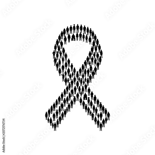 Awareness ribbon, people crowd, solidarity symbol, black silhouette