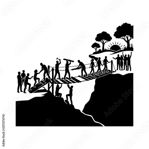Black silhouettes, people building bridge, teamwork illustration, construction concept, teamwork vector