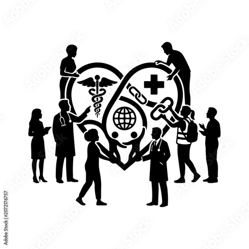 Medical, healthcare icons, people silhouettes, global health symbols, vector set