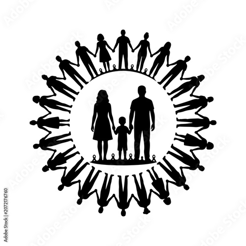 Diverse family and community silhouettes, black people icons, social connection, unity and support concept, vector graphics