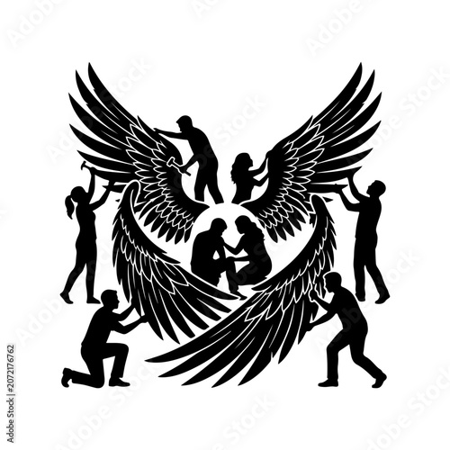 Black silhouette illustration, teamwork concept, people building wings, collaborative effort, business partnership