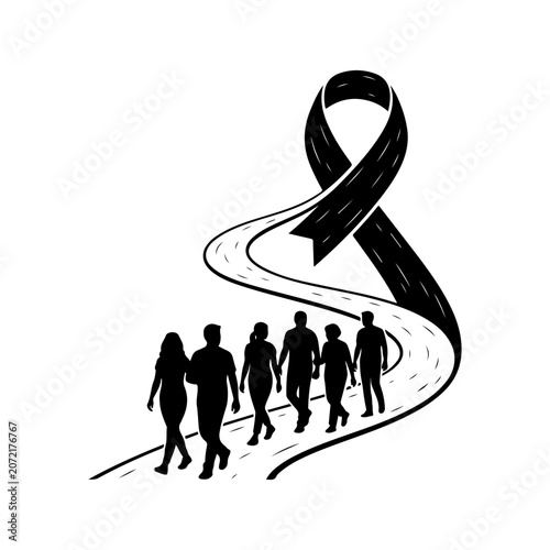 Awareness ribbon, black silhouette people walking, support symbol, vector icons