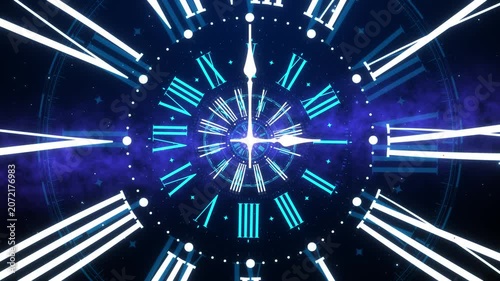 Fly through abstract modern blue clock dial with roman numerals. Concept of Infinite time, deadline, scheduling, time management, time travel, time and space, past, present and future.