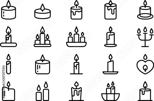 Canvastavla A comprehensive set of minimalist candle line icons featuring various wax sticks, tealights, and candelabra for cozy mood