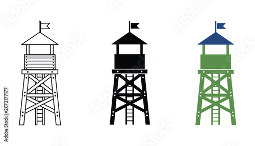 Foto Set of three watchtower icons featuring line art solid black and flat color grap