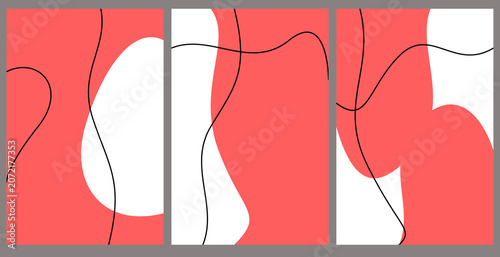 Abstract triptych wall art with organic red shapes and thin black flowing lines