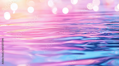 Serene image of water with gentle ripples and dreamy gradient of pink and blue hues, enhanced by soft bokeh lights