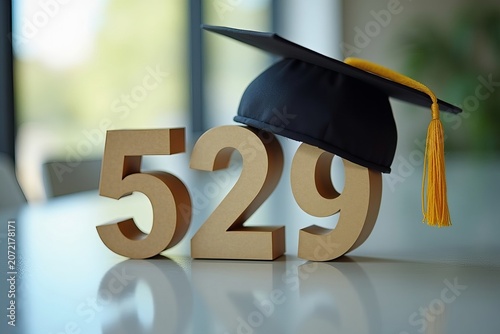 529 College Savings Plan Concept: Graduation Hat Resting on Reflective Desk with Number Displayed